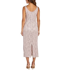 R & M Richards Lace Sequin Power Mesh Scallop Trim 3/4 Sleeve Jacket Midi Dress