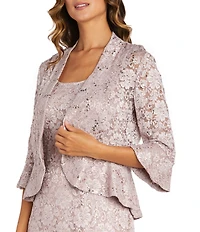 R & M Richards Lace Sequin Power Mesh Scallop Trim 3/4 Sleeve Jacket Midi Dress