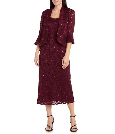 R & M Richards Lace Sequin Power Mesh Scallop Trim 3/4 Sleeve Jacket Midi Dress