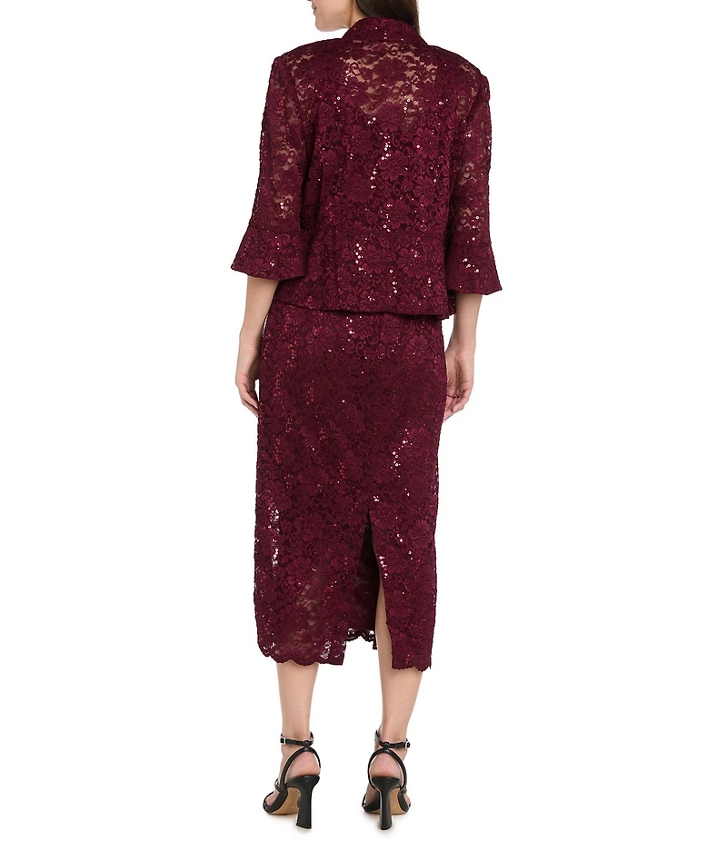 R & M Richards Lace Sequin Power Mesh Scallop Trim 3/4 Sleeve Jacket Midi Dress