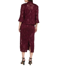 R & M Richards Lace Sequin Power Mesh Scallop Trim 3/4 Sleeve Jacket Midi Dress