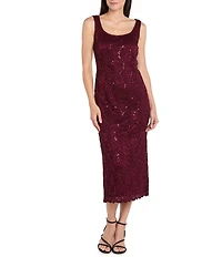 R & M Richards Lace Sequin Power Mesh Scallop Trim 3/4 Sleeve Jacket Midi Dress