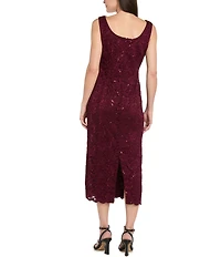 R & M Richards Lace Sequin Power Mesh Scallop Trim 3/4 Sleeve Jacket Midi Dress