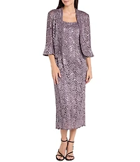 R & M Richards Lace Sequin Power Mesh Scallop Trim 3/4 Sleeve Jacket Midi Dress