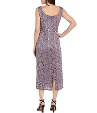 R & M Richards Lace Sequin Power Mesh Scallop Trim 3/4 Sleeve Jacket Midi Dress