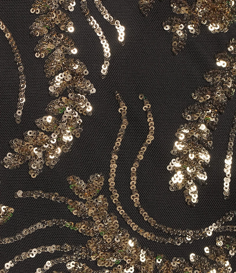 R & M Richards Leaf Print Embroidered Sequin Mesh Square Neck Empire Waist Trumpet Skirt Gown