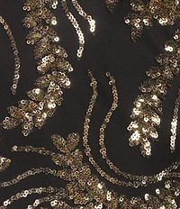 R & M Richards Leaf Print Embroidered Sequin Mesh Square Neck Empire Waist Trumpet Skirt Gown