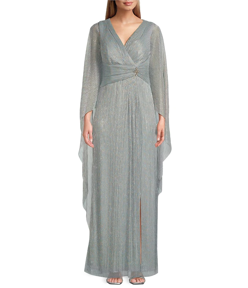 R & M Richards Long Cape Sleeve V-Neck Metallic Knit Dress