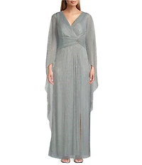 R & M Richards Long Cape Sleeve V-Neck Metallic Knit Dress