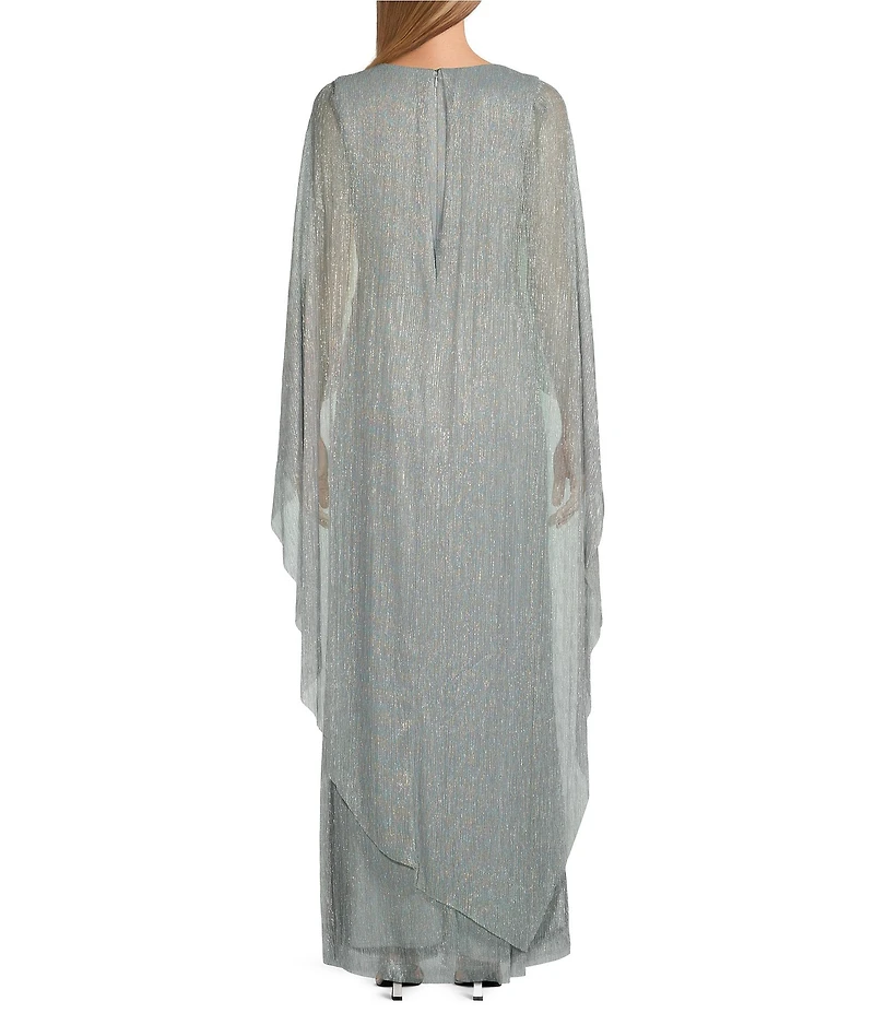 R & M Richards Long Cape Sleeve V-Neck Metallic Knit Dress