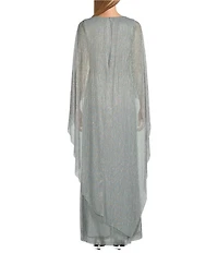 R & M Richards Long Cape Sleeve V-Neck Metallic Knit Dress