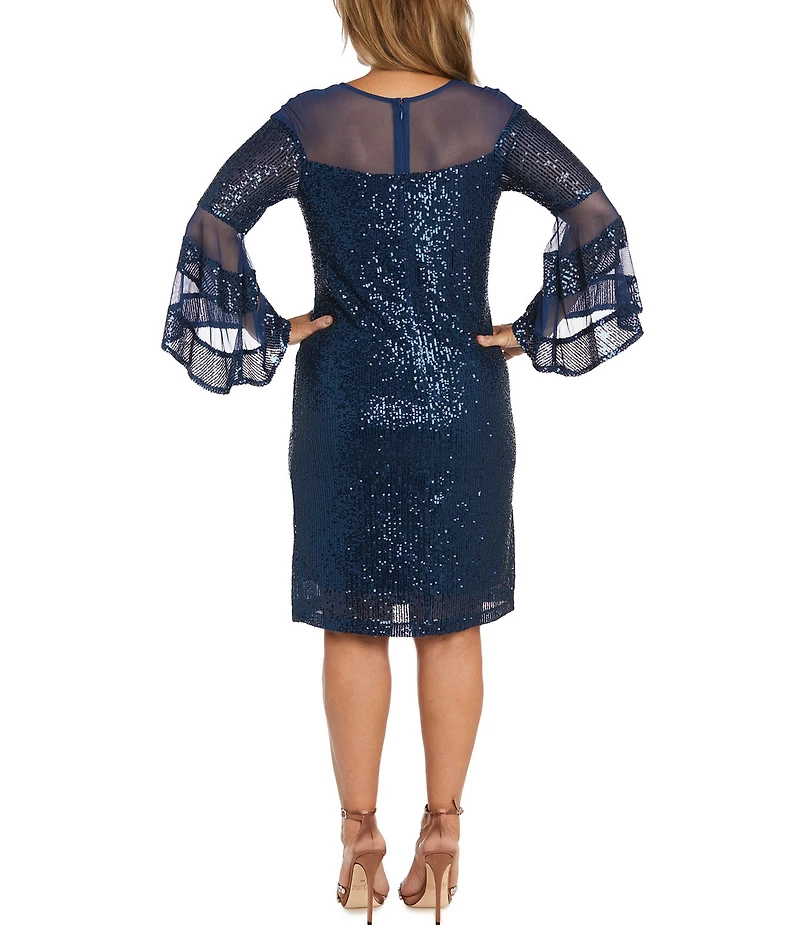 R & M Richards Long Sleeve Illusion Crew Neck Sequin Shift Dress