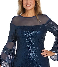 R & M Richards Long Sleeve Illusion Crew Neck Sequin Shift Dress