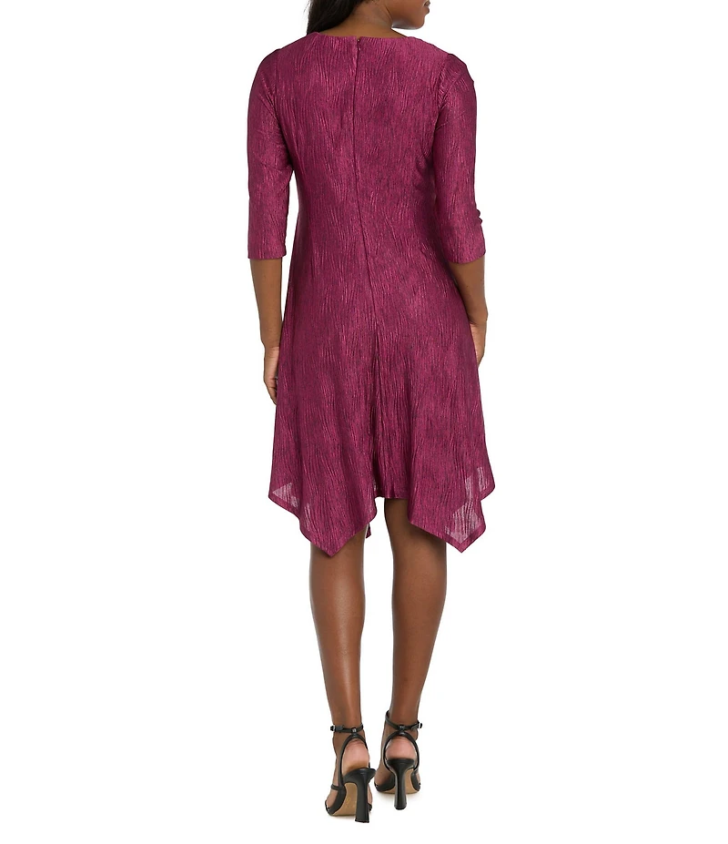 R & M Richards Marled Pleated Knit V-Neck 3/4 Sleeve Hanker Chief Hem Faux Wrap Midi Dress