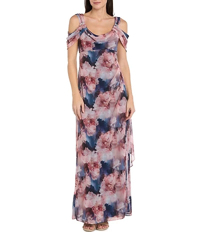 R & M Richards Matte Jersey Chiffon Draped Cold Shoulder Long Dress