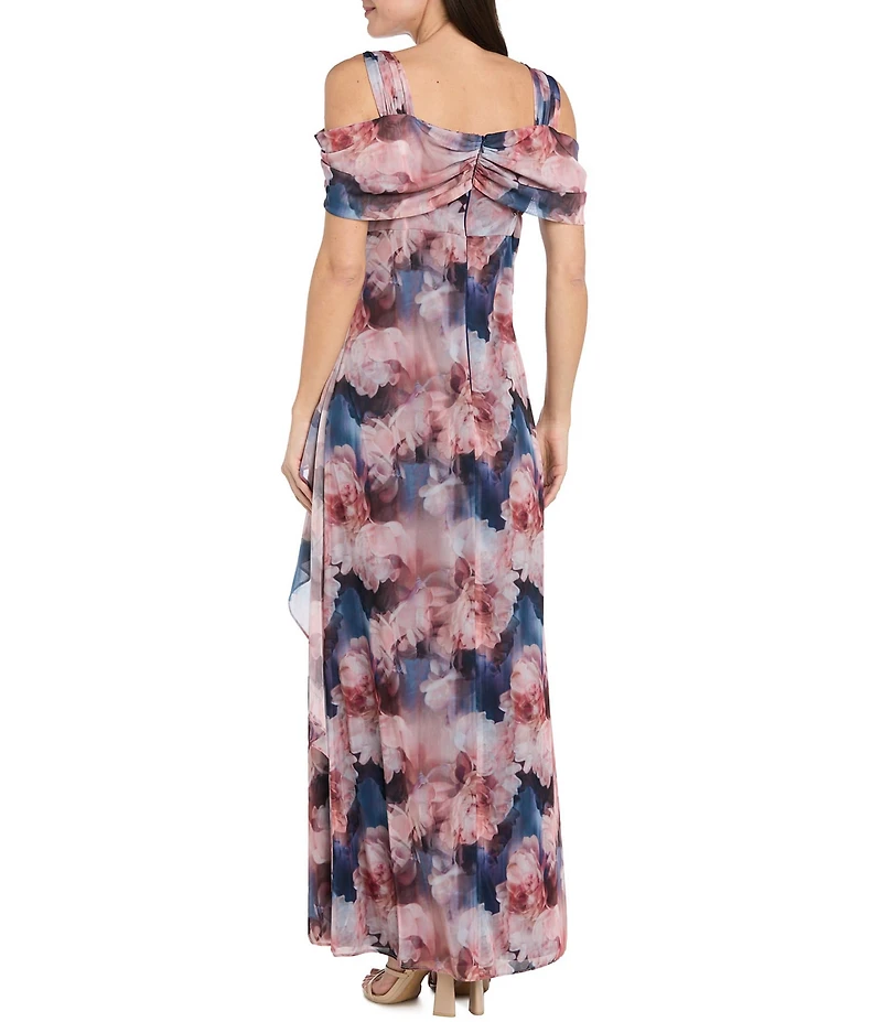 R & M Richards Matte Jersey Chiffon Draped Cold Shoulder Long Dress
