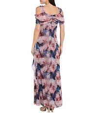 R & M Richards Matte Jersey Chiffon Draped Cold Shoulder Long Dress