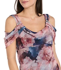R & M Richards Matte Jersey Chiffon Draped Cold Shoulder Long Dress