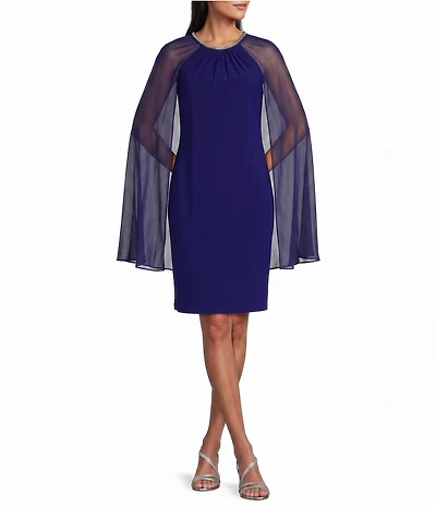 R & M Richards Matte Jersey Chiffon Jewel Detailed Ruched Neck Cape Overlay Dress