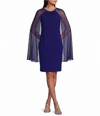 R & M Richards Matte Jersey Chiffon Jewel Detailed Ruched Neck Cape Overlay Dress