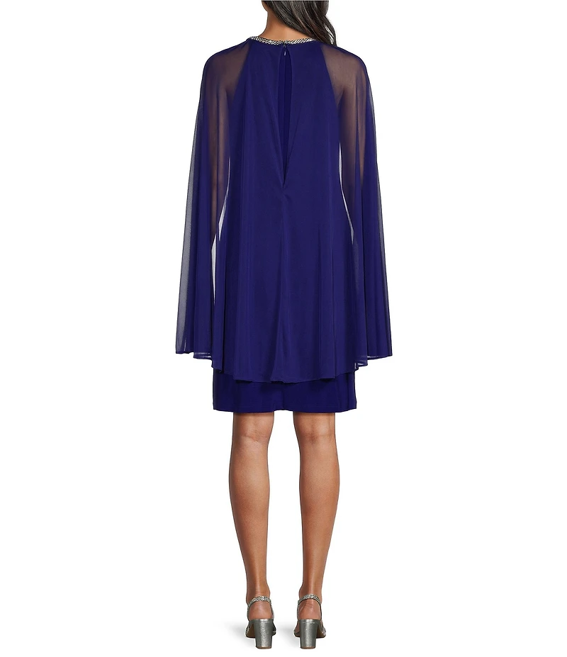 R & M Richards Matte Jersey Chiffon Jewel Detailed Ruched Neck Cape Overlay Dress