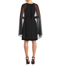 R & M Richards Matte Jersey Chiffon Jewel Detailed Ruched Neck Cape Overlay Dress