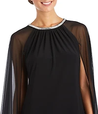 R & M Richards Matte Jersey Chiffon Jewel Detailed Ruched Neck Cape Overlay Dress