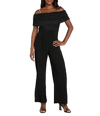 R & M Richards Matte Jersey Chiffon Off The Shoulder Rhinestone Strap Jumpsuit