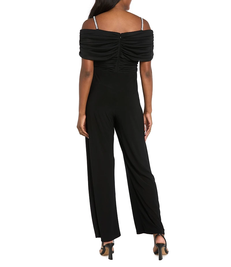 R & M Richards Matte Jersey Chiffon Off The Shoulder Rhinestone Strap Jumpsuit