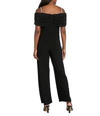 R & M Richards Matte Jersey Chiffon Off The Shoulder Rhinestone Strap Jumpsuit