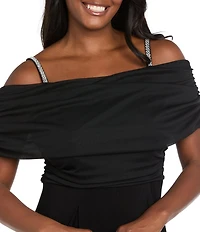 R & M Richards Matte Jersey Chiffon Off The Shoulder Rhinestone Strap Jumpsuit