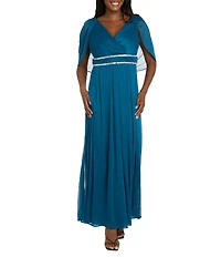 R & M Richards Matte Jersey Chiffon V-Neck Caplet Overlay Rhinestone Gown