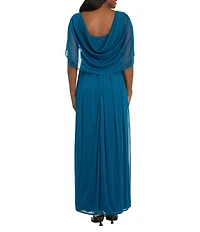 R & M Richards Matte Jersey Chiffon V-Neck Caplet Overlay Rhinestone Gown