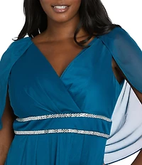 R & M Richards Matte Jersey Chiffon V-Neck Caplet Overlay Rhinestone Gown