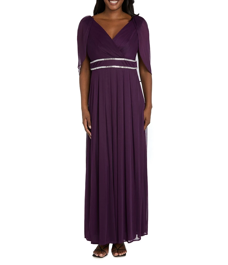 R & M Richards Matte Jersey Chiffon V-Neck Caplet Overlay Rhinestone Gown