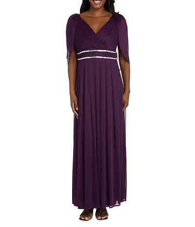 R & M Richards Matte Jersey Chiffon V-Neck Caplet Overlay Rhinestone Gown