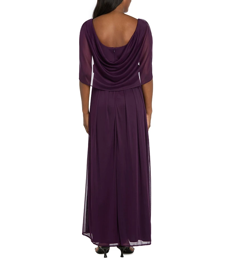 R & M Richards Matte Jersey Chiffon V-Neck Caplet Overlay Rhinestone Gown