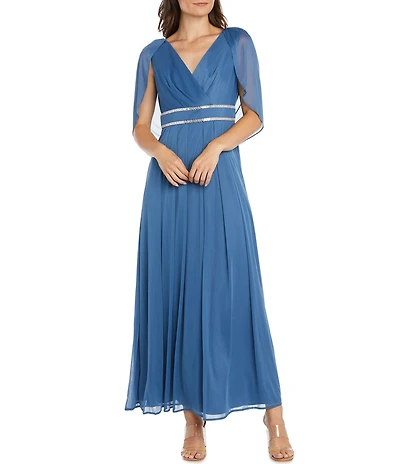 R & M Richards Matte Jersey Chiffon V-Neck Caplet Overlay Rhinestone Gown