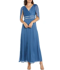 R & M Richards Matte Jersey Chiffon V-Neck Caplet Overlay Rhinestone Gown