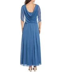 R & M Richards Matte Jersey Chiffon V-Neck Caplet Overlay Rhinestone Gown