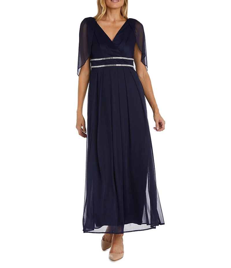 R & M Richards Matte Jersey Chiffon V-Neck Caplet Overlay Rhinestone Gown