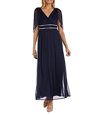 R & M Richards Matte Jersey Chiffon V-Neck Caplet Overlay Rhinestone Gown