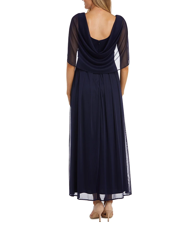 R & M Richards Matte Jersey Chiffon V-Neck Caplet Overlay Rhinestone Gown
