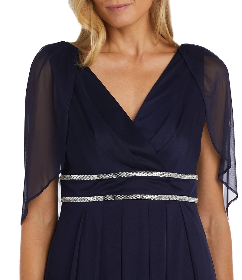 R & M Richards Matte Jersey Chiffon V-Neck Caplet Overlay Rhinestone Gown