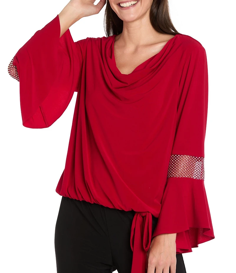 R & M Richards Matte Jersey Round Neck Chiffon Long Sleeve Rhinestone Cuff Asymmetrical Hem Blouse