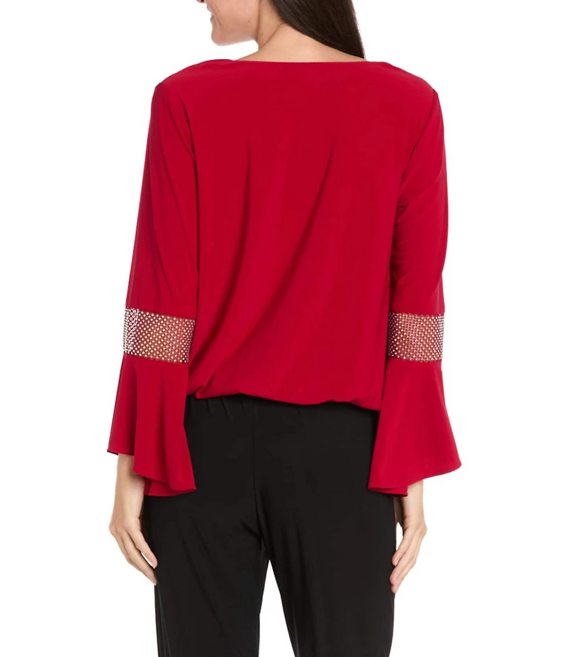 R & M Richards Matte Jersey Round Neck Chiffon Long Sleeve Rhinestone Cuff Asymmetrical Hem Blouse