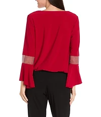 R & M Richards Matte Jersey Round Neck Chiffon Long Sleeve Rhinestone Cuff Asymmetrical Hem Blouse