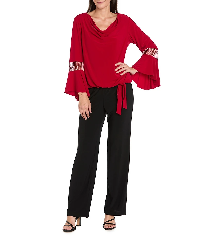 R & M Richards Matte Jersey Round Neck Chiffon Long Sleeve Rhinestone Cuff Asymmetrical Hem Blouse