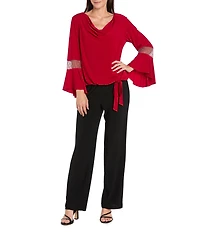 R & M Richards Matte Jersey Round Neck Chiffon Long Sleeve Rhinestone Cuff Asymmetrical Hem Blouse