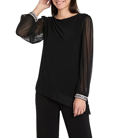 R & M Richards Matte Jersey Round Neck Chiffon Long Sleeve Rhinestone Cuff Asymmetrical Hem Blouse